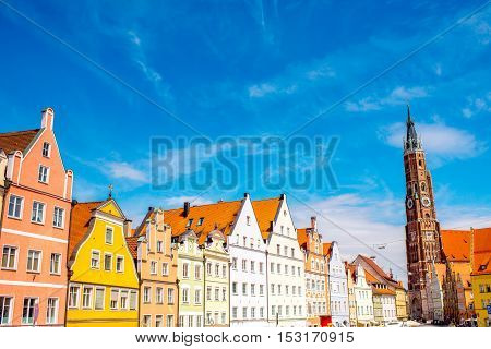 Cityscape view with saint Martin cathedral in the center of Landshut old town in Germany