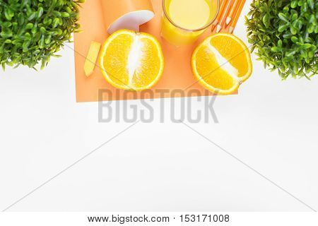 White desktop with orange halves supplies decorative plants and copy space. Mock up