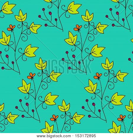 Floral seamless pattern with orange flowers, branches and leaves of black thin lines on turquose background. Vector illustration.