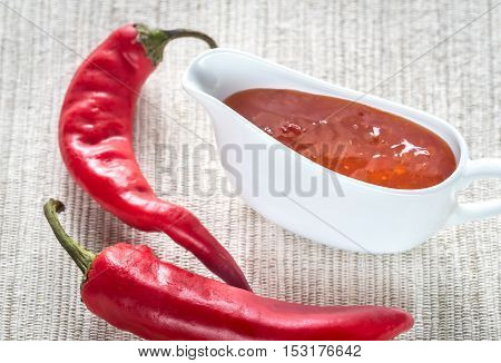 Bowl of thai sweet chili sauce with fresh chili peppers