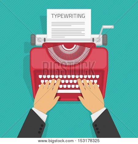 Man typing on the vintage typewriter with paper. Writing a blog, text development tools. Business background concepts for promotion and blogging.