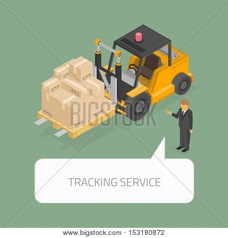 Isometric forklift loading pallets with boxes. Cargo Industry tracking service concept. Vector 3d style. Isometry warehouse sideloader truck infographic template.