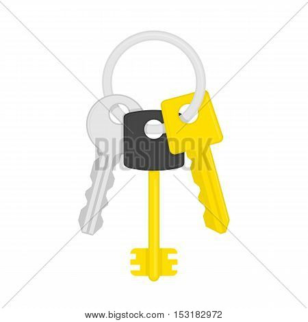 Keys on key ring isolated on white background. Illustration of bunch of golden and silver keys on keyring in flat style. Key icon cartoon design element. Security concept.