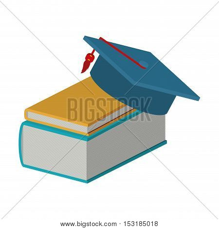 academic books stack with graduation cap over white background. colorful design. vector illustration