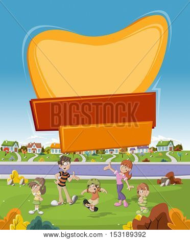 Banner over cartoon family in suburb neighborhood. Green park landscape with grass, trees, and houses.
