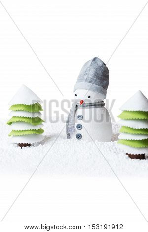 Cute festive snowman isolated on white background space for text