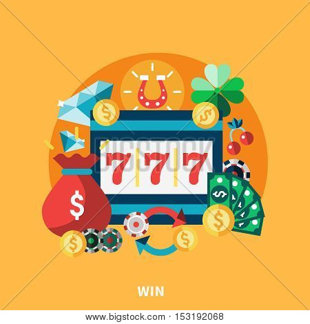 Casino pockie machine icons round composition with coins money gold chips symbols flat vector illustration