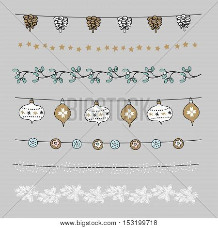 Set of Christmas borders strings garlands brushes. Praty decoration with pine cones mistletoe Christmas balls baubles and stars. Isolated vector objects.