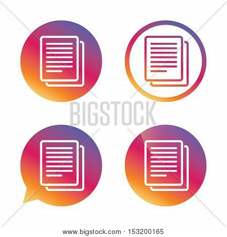 Copy file sign icon. Duplicate document symbol. Gradient buttons with flat icon. Speech bubble sign. Vector