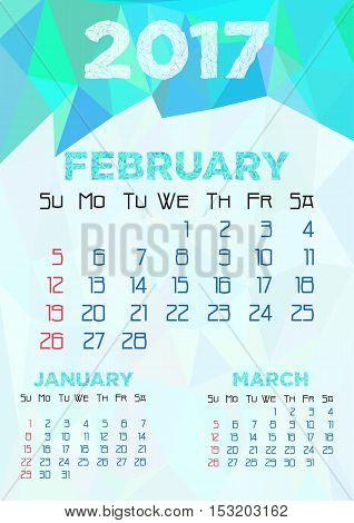 Abstract polygonal background with triangular ornament in cyan and dates of winter month February 2017. Week starts from Sunday. Vector illustration