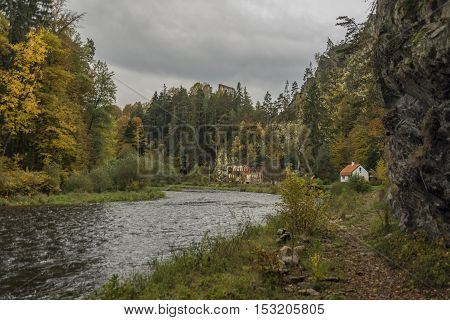 River Vltava Near Divci Kamen Ruin In Autumn Time