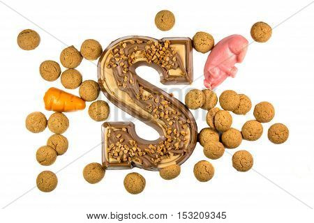 Decorated Chocolate Letter With Ginger Nuts Or Pepernoten And Marzipan