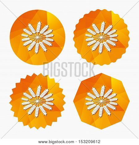 Agricultural sign icon. Wreath of Wheat corn. Gluten free or No gluten symbol. Triangular low poly buttons with flat icon. Vector