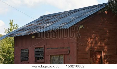 in shade tin roof rusted boarded red barn house abondoned