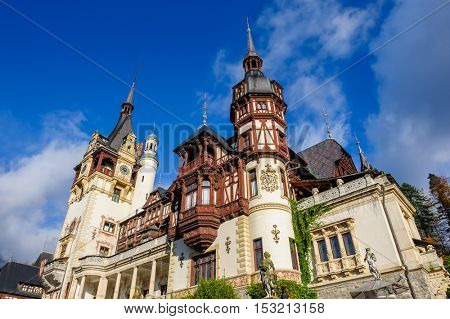 Beautiful Peles castle and ornamental garden in Sinaia, Romania, between Valachia and Transylvania