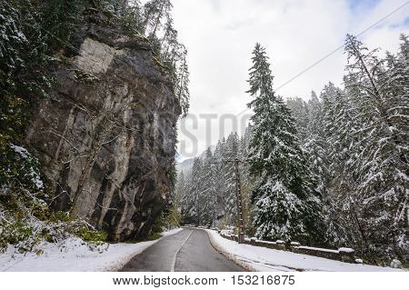 Mountain road in Bicaz Canyon, Romania, at later autumn. Canyon is one of the most spectacular roads in Romania.