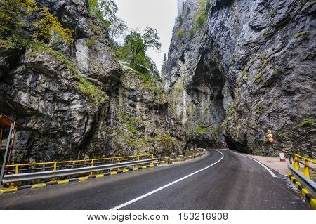 Mountain road in Bicaz Canyon, Romania, at later autumn. Canyon is one of the most spectacular roads in Romania.