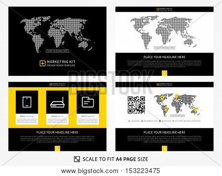 Marketing kit presentation vector yellow and black template. Modern business presentation graphic design. Flat presentation template with diagrams and charts. Easy to use edit and print.