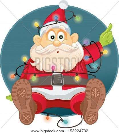 Funny Santa Tangled in Christmas Lights Vector