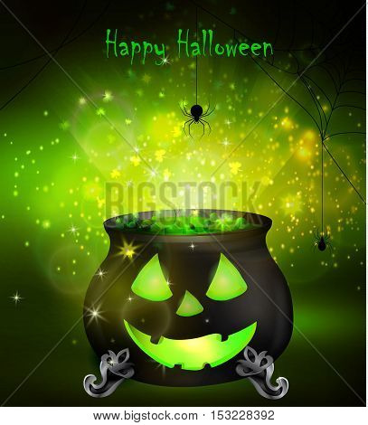 Halloween witches cauldron with Jack O Lantern face and green potion and spiders on dark background, illustration.