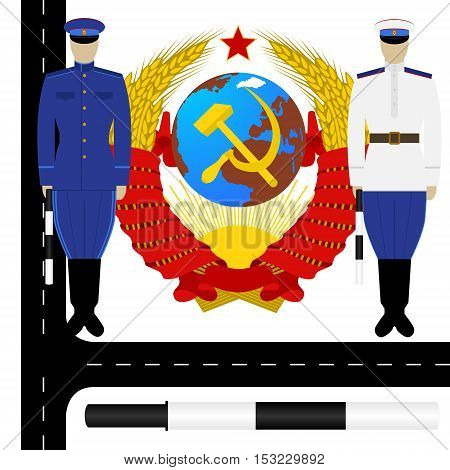 Uniform traffic police in the USSR on the background of the coat of arms of the USSR. The illustration on a white background.