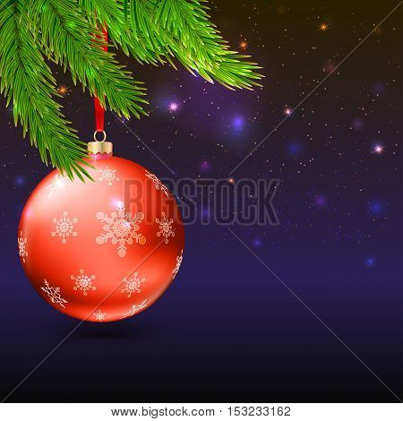 Christmas balls with green fir branches on the background with flash and Christmas lights. Realistic vector bright balls with snowflakes. Greeting card with golden text, editable eps 10