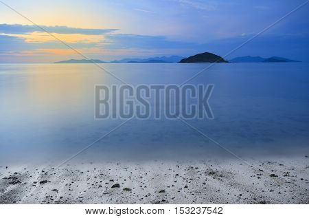 twilight or sunset sky on koh mak beach (mak island) with mountain at Trad Province in Thailand