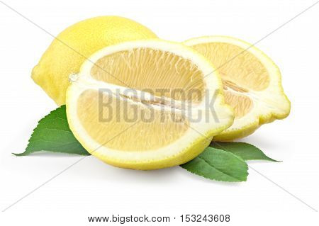 Fresh lemon with half and leaves isolated on white.