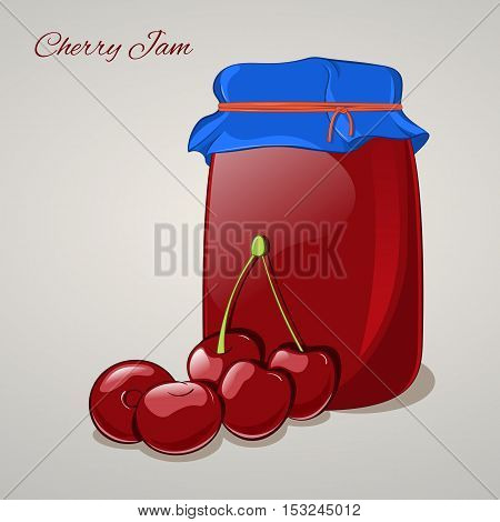 Cherry jam in a jar and fresh cherries isolated on grey background. Simple cartoon style. Vector illustration.