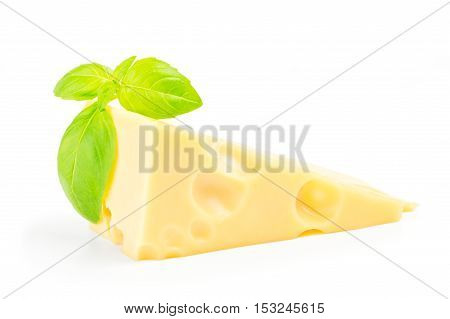 Cheese and basil leaves isolated on white background cutout.