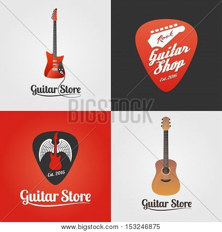 Guitar store music shop collection of vector icon symbol emblem logo sign. Template graphic design elements for music festival guitar boutique