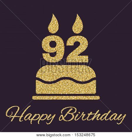 The birthday cake with candles in the form of number 92 icon. Birthday symbol. Gold sparkles and glitter Vector illustration