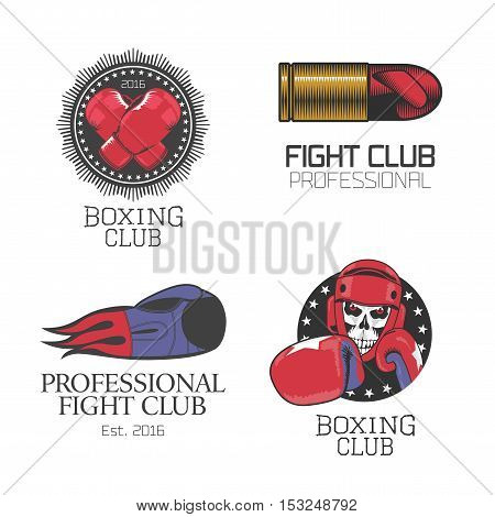 Boxing box club set of vector icons logo symbol emblem signs. Nonstandard graphic design elements with boxing gloves for club school championship