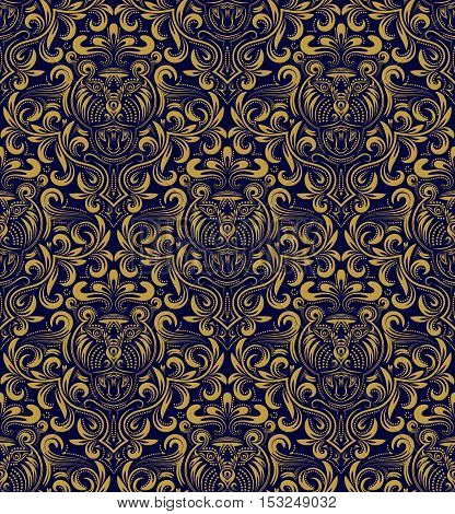 Damask seamless pattern repeating background. Gold blue floral ornament in baroque style. Antique golden repeatable wallpaper.