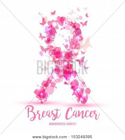 Breast Cancer Awareness Concept Illustration: Pink Ribbon Symbol, Pink Watercolor Blots .