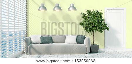 Beautiful modern interior with sofa. 3D rendering