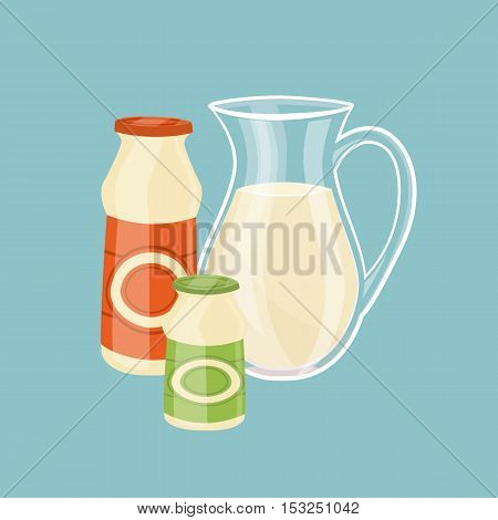 Glass jug with milk and other dairy products isolated vector illustration. Nutritious and healthy milk products. Natural and healthy food. Organic farmers products. Organic food and dairy product concept. Milk product icon. Cartoon dairy product. Dairy ic