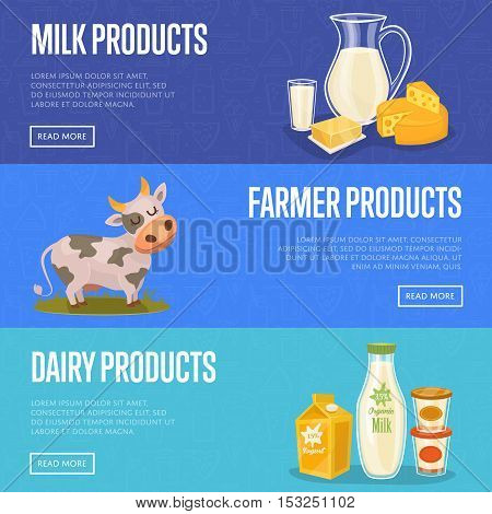 Milk Dairy Products Vector Photo Free Trial Stock Milk And Dairy Products Horizontal Website Templates With Diffe Product Composition Isolated On Blue Background