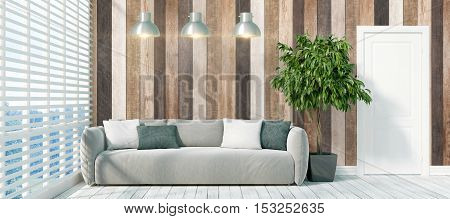 Beautiful modern interior with sofa. 3D rendering