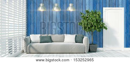 Beautiful modern interior with sofa. 3D rendering