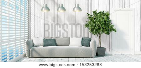 Beautiful modern interior with sofa. 3D rendering