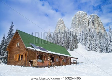 hut in mountain, Hasmas, Romanian Carpathians winter landscape
