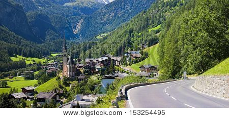 Heiligenblut church and road in Austria, Grossglockner pass
