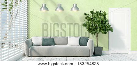 Beautiful modern interior with sofa. 3D rendering