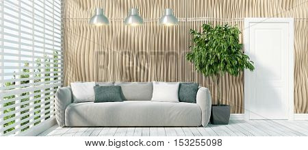 Beautiful modern interior with sofa. 3D rendering