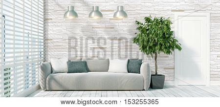 Beautiful modern interior with sofa. 3D rendering
