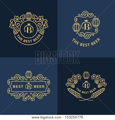 Line graphics monograms. Logo design. Flourishes frame ornament template with barrel hops and leaves for labels emblems for beer house bar pub brewing company brewery tavern. Vector set