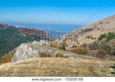 Beautiful mountains landscape at autumn season - mountain pasture Demerdzhi Crimea Ukraine.
