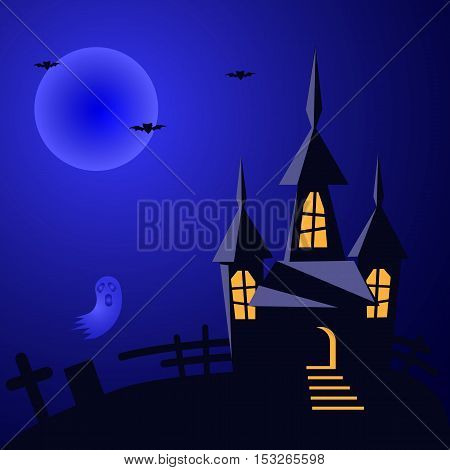 Halloween Vector Background with Spooky House, Pumpkin, Grave Yard and Black Cat.