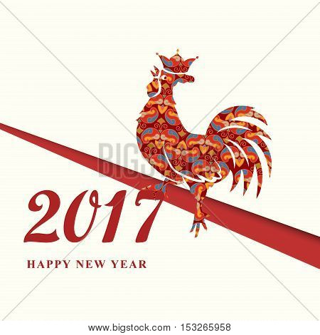 2017 Chinese New Year of the Red Rooster with ornament. Silhouette of red with crown. The zodiac symbol. Elements for design greeting card and invitation brochure flyer. Vector illustration